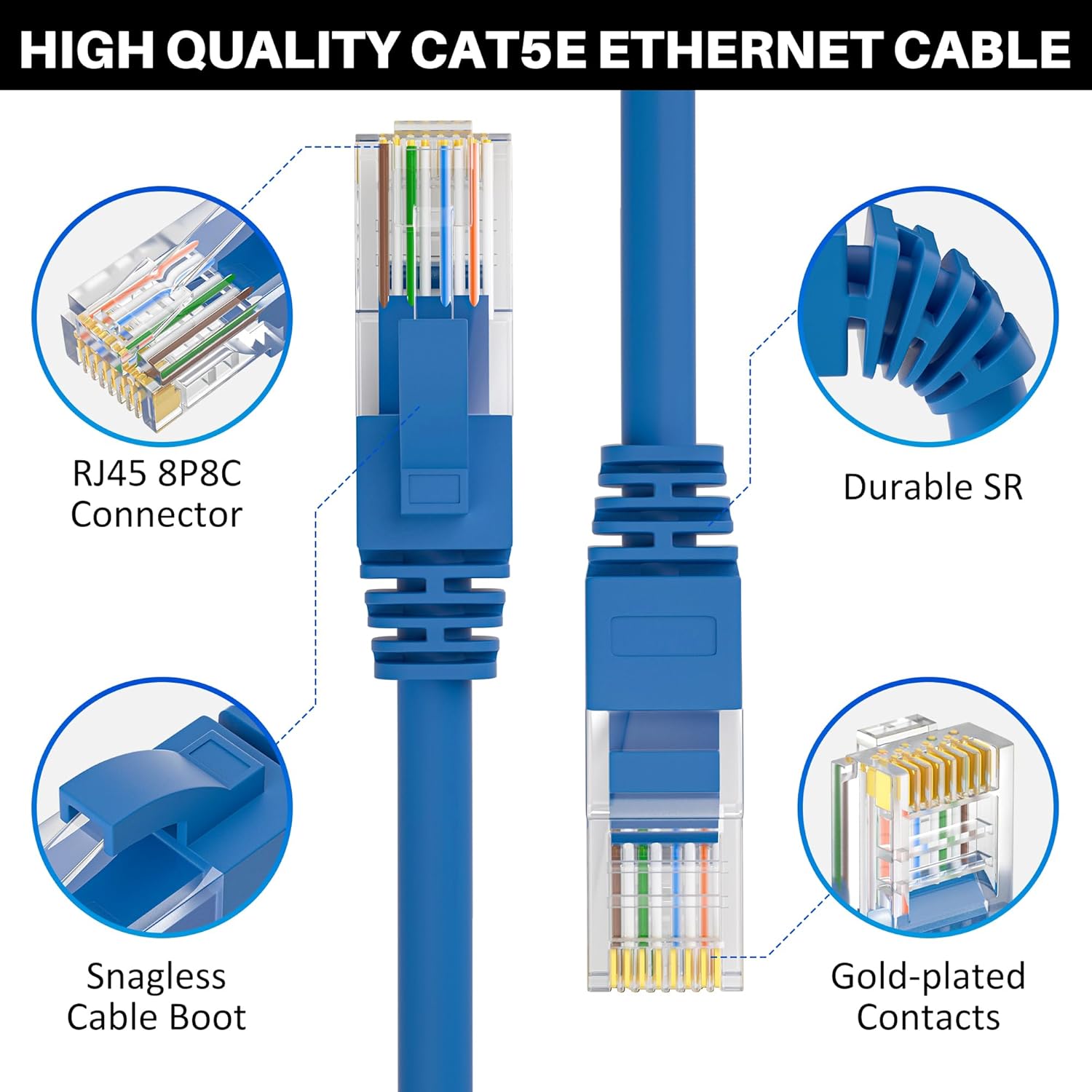 Cat5e Ethernet Cable 35 FT, Cat 5e Internet Cable, Blue Snagless Patch Cord, Flexible, Network, LAN, PoE, Standard RJ45 Connector for PC, Server, Router, Modem, TV, PS5 - with 15 Cable Ties