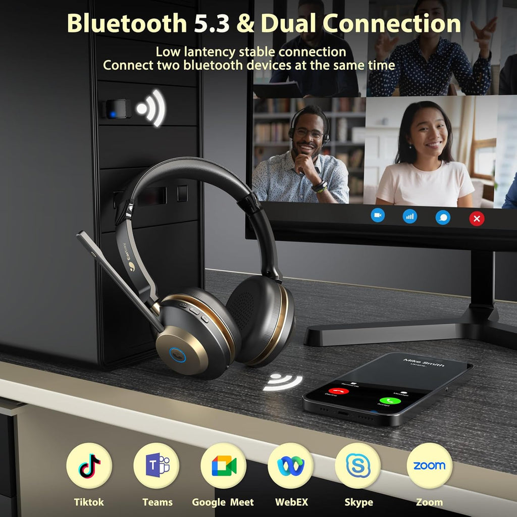 Earbay Wireless Headset with Mic for Work, Bluetooth Headset V5.3, AI Noise Cancelling Mic & 2.4G USB Dongle, 50 Hrs Work Time Wireless Headphones with Mic Mute for Work from Home/Call Center/Teams