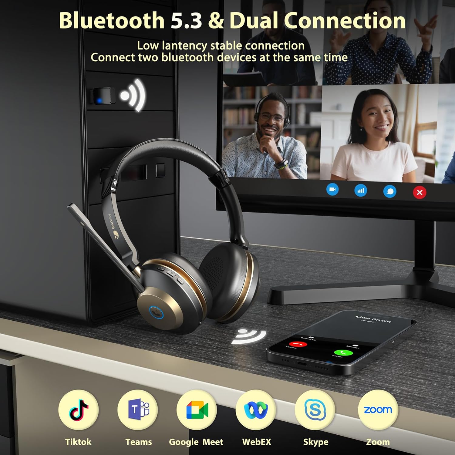 Earbay Wireless Headset with Mic for Work, Bluetooth Headset V5.3, AI Noise Cancelling Mic & 2.4G USB Dongle, 50 Hrs Work Time Wireless Headphones with Mic Mute for Work from Home/Call Center/Teams