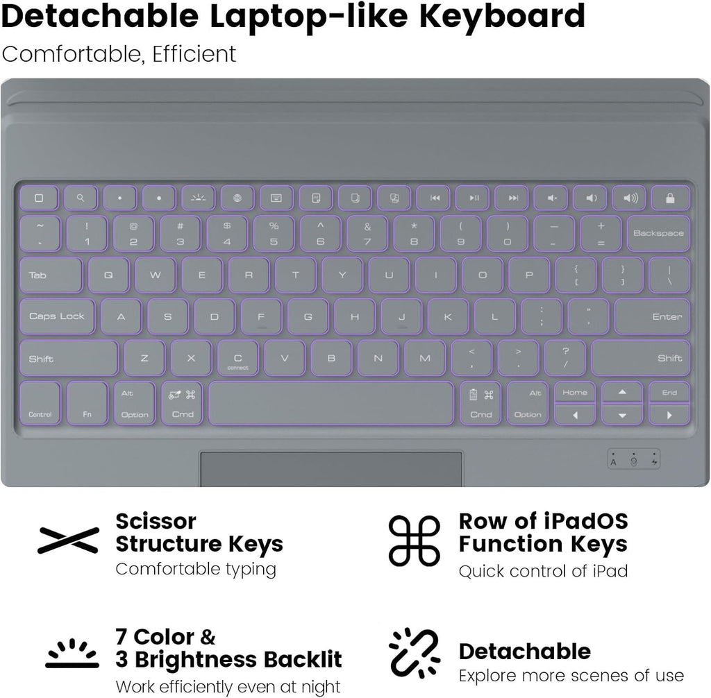 Nillkin Keyboard Case for iPad Air 13-inch (M3 2025/M2 2024), iPad Pro 12.9-inch (6th/5th/4th/3rd Gen) Rugged Case with Detachable Keyboard, Magic Trackpad, 7-Color Backlit, Portrait/Landscape, Gray