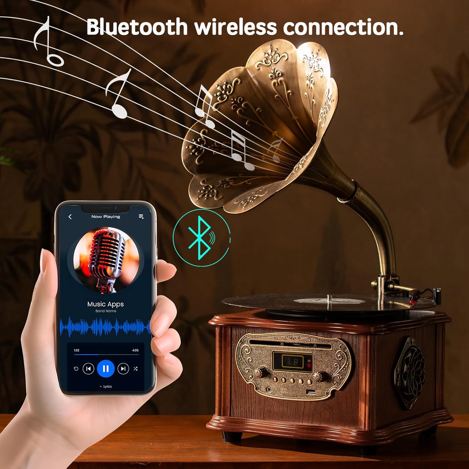 Wooden Phonograph Gramophone Turntable CD Player Stereo System Control 33/45 RPM FM AUX USB Ouput Bluetooth 4.2 … …