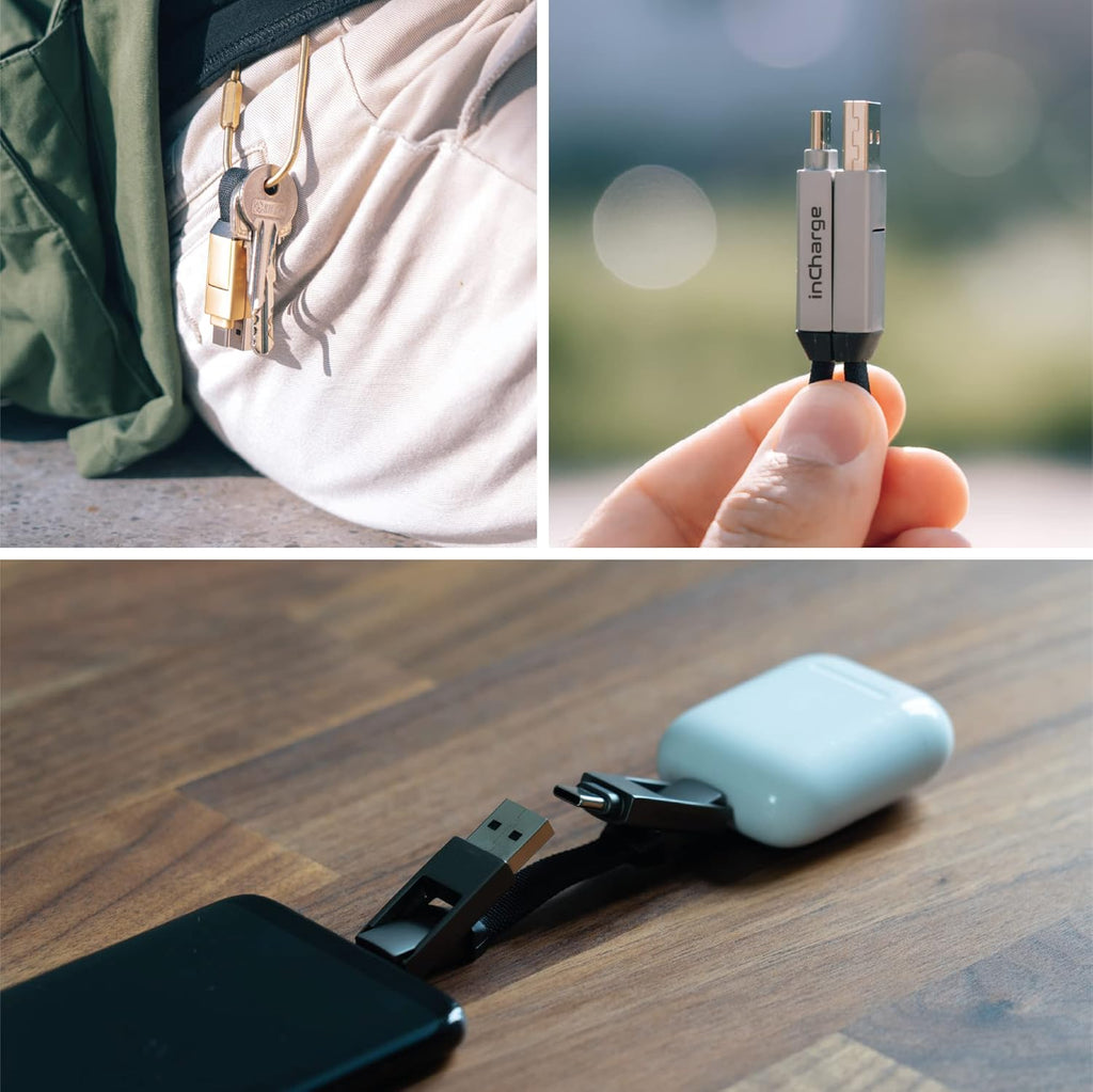 Rolling Square inCharge 6 - Keychain USB C Charger Cable, Lightning Cable and Micro-USB for Smartphone, Universal Cable Charger 6 in 1, USB Plug, 15W, Gray