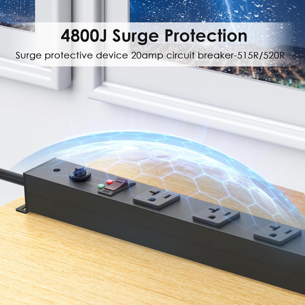 JUNNUJ Long Metal 16 Outlet Power Strip, Heavy Duty Power Strips Surge Protection 4800J with Circuit Breaker, 20a Wide Spaced Socket Wall Mount 5-15P Adapter High Amp 6-20R T-Slot 4FT Extension Cord