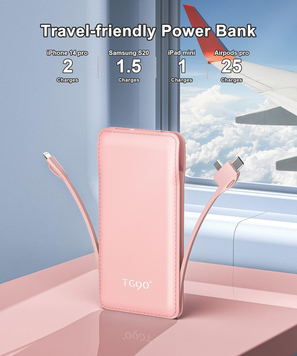 TG90° 10000mah Portable Charger Power Bank with Built-in Cables,Travel Essentials Battery Pack with Cords Portable Phone Charger Compatible with iPhone and Android Smart Devices