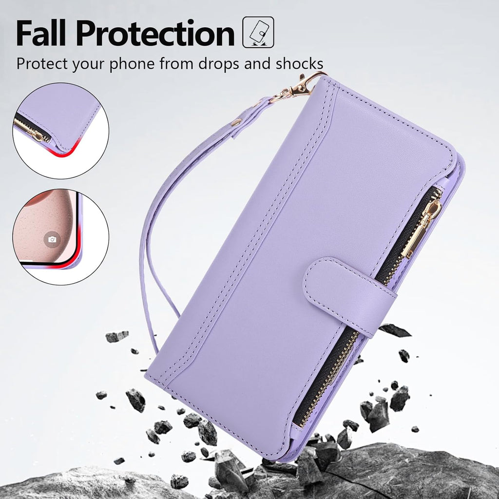 Compatible with iPhone 12 Pro Max Wallet Phone Case-PU Leather Magnetic Flip Cover with Credit Card Slots,Zipper Pocket & Detachable Wrist Strap,Shockproof Design,for Women and Men-Purple