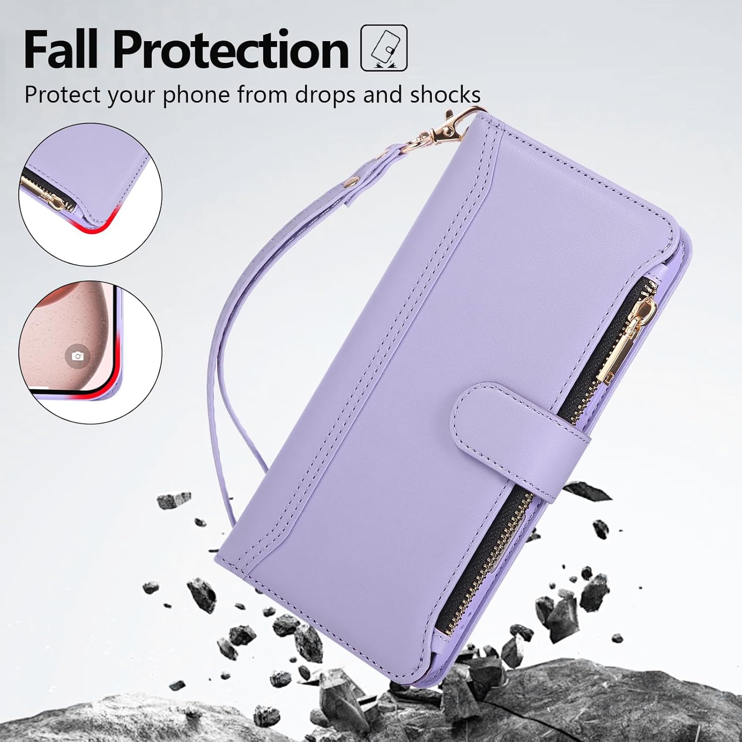 Compatible with iPhone 7/8/SE 2020/SE 2022 Wallet Case PU Leather Shockproof Protective Cover with Credit Card Slots, Zipper Pocket Detachable Wrist Strap,Unisex Design for Men/Women-Purple