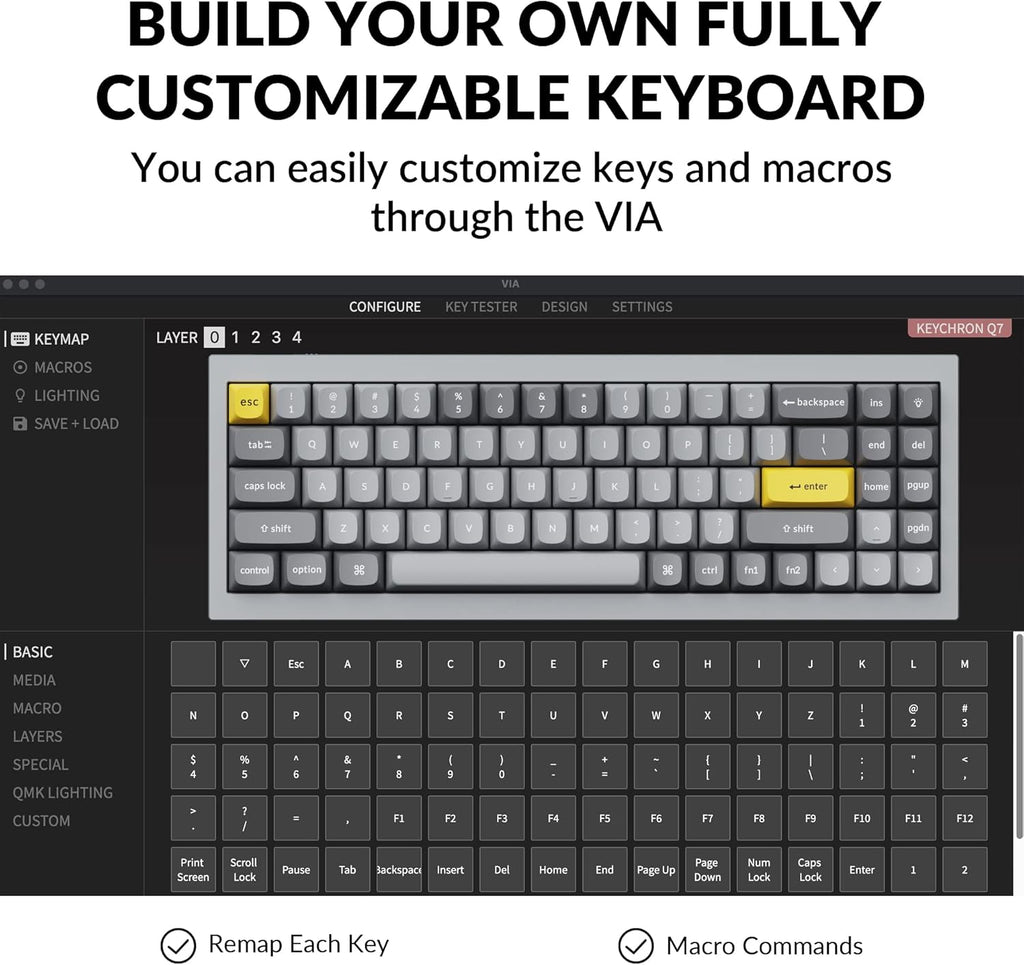 Keychron Q7 Wired Custom Mechanical Keyboard, 70% Layout QMK/VIA Programmable Macro with Hot-swappable Gateron G Pro Red Switch Double Gasket Compatible with Mac Windows Linux (Grey)