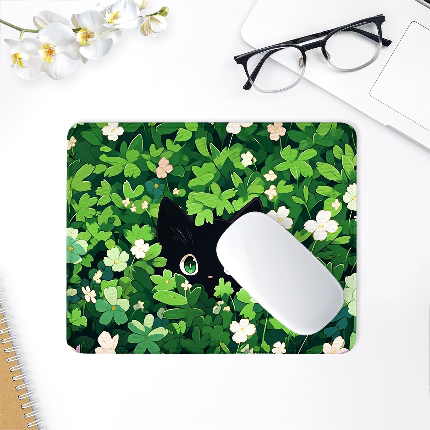 ITNRSIIET Mouse Pad with Stitched Edge Premium Textured Smooth Precise Operation Waterproof Washable Non-Slip Rubber Base Desktop Protection Mat, 10.2×8.3×0.12 inches, Green Leave Cat