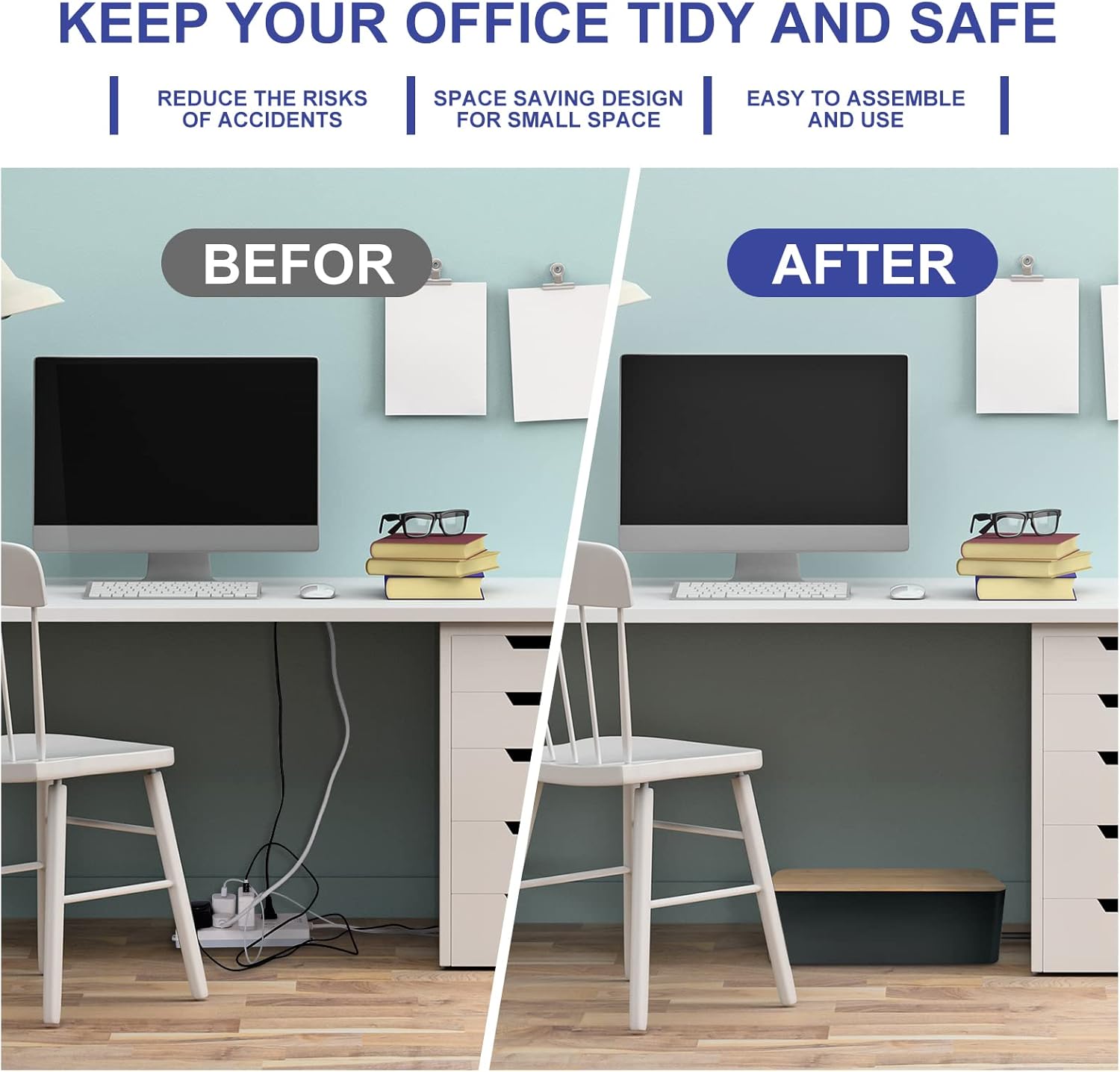 Cable Management Box - Wooden Style Large Cord Organizer to Hide Wires & Power Strips | Desk Computer Cable Organizer | Safe ABS Material | 16" (L) x 6.2" (W) 5.3" (H) | for Home & Office - Black