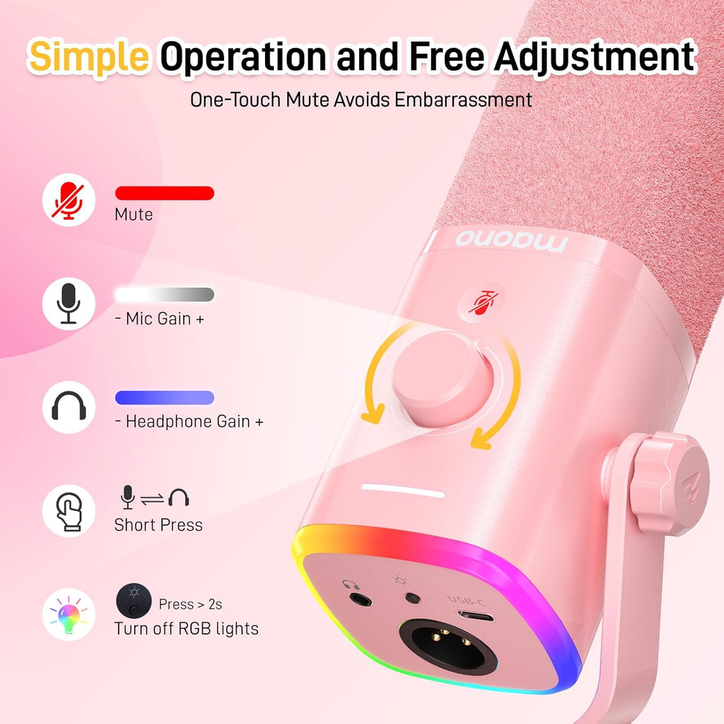 MAONO Dynamic Gaming Microphone: USB XLR Dynamic Computer Microphone with Software-RGB PC Mic for Gamer-Podcast Mic for Streaming Recording Studio YouTube Content Creation Online Chat PD100X (Pink)