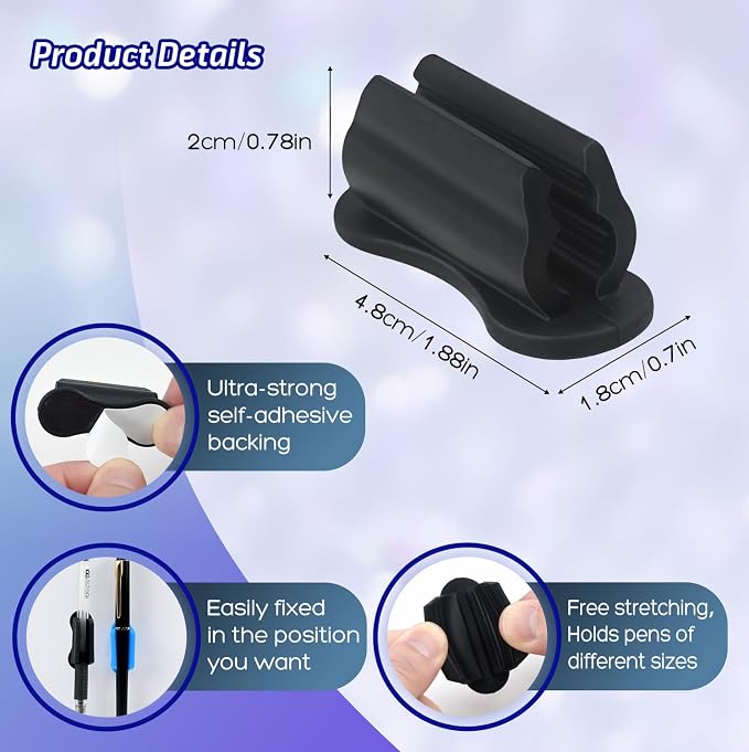 10 Pack Black Adhesive Silicone Pen Holders, Sticky Pen And Pencil Clip Set | - Image 3