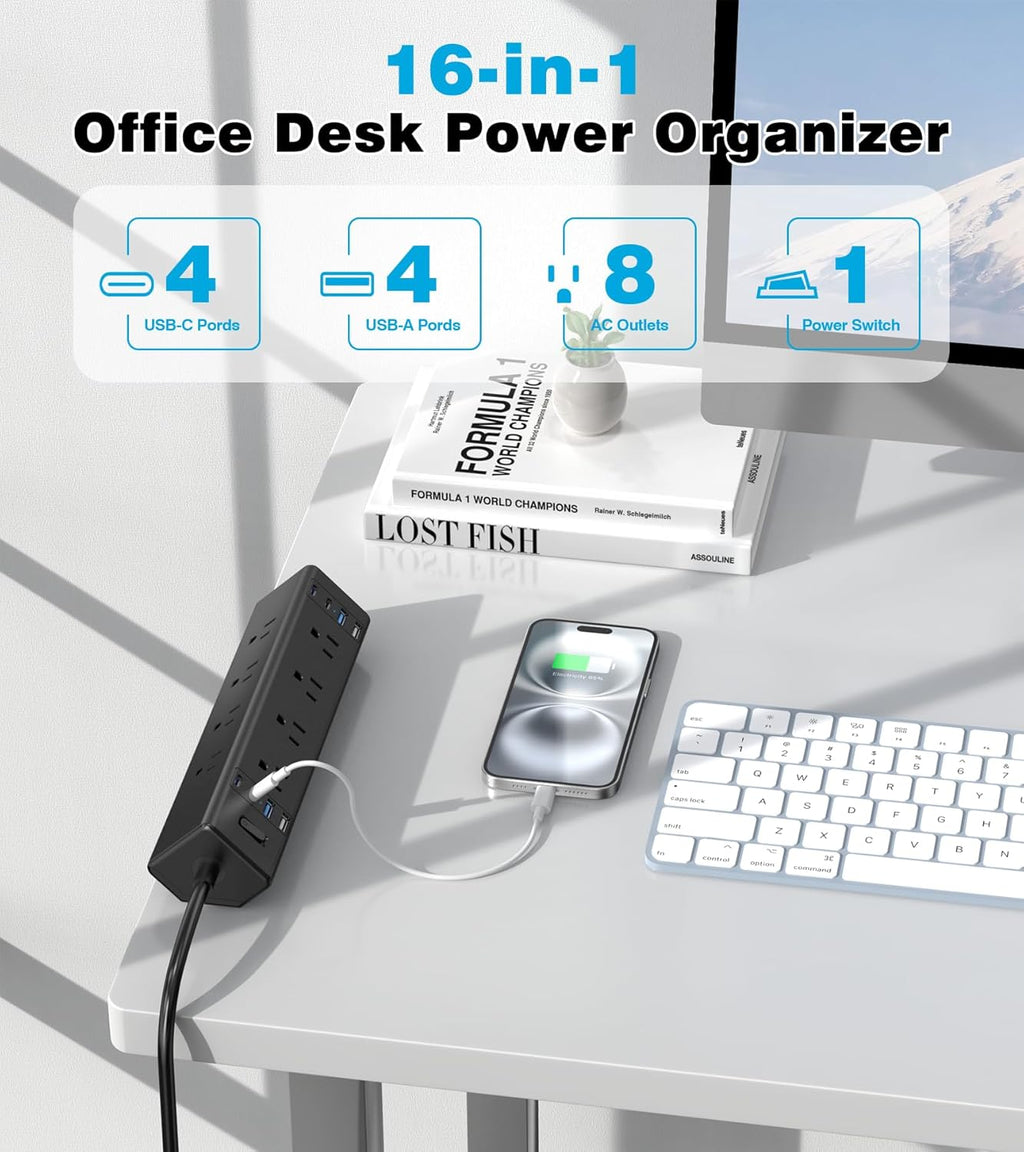 40W Fast Charging Station,Desk Clamp Power Strip,4 USB-C Ports & 8 AC Outlets,Desktop Edge Mount Surge Protector Power Strip,14AWG Heavy Duty Cord,Fit 1.9" Tabletop Edge for Home Office(10Ft Cable)