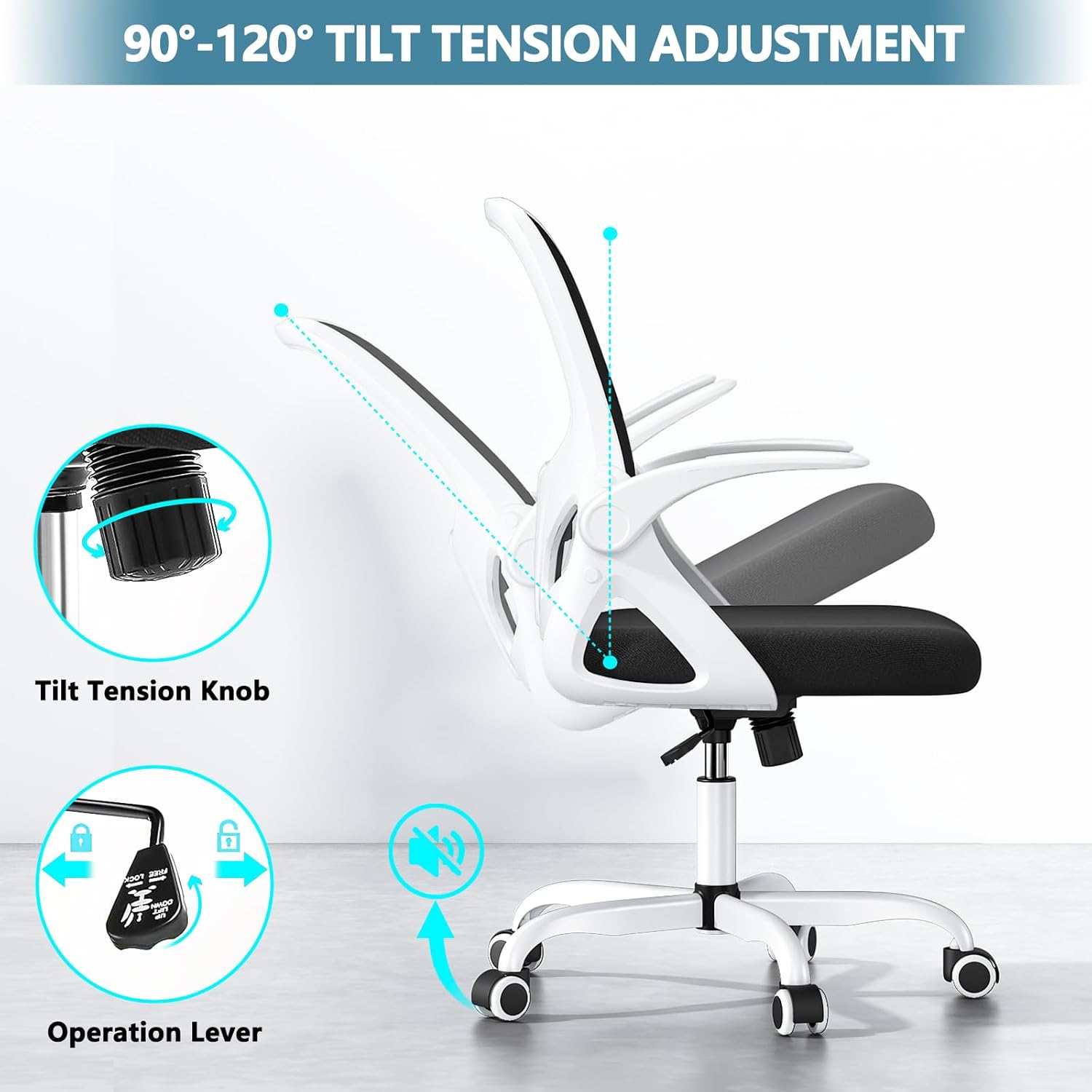 Home Desk Chair with Back Supportive Lumbar Support, Breathable Double Mesh Cushion Home Desk Office Chair with Flip up Arms, Modern Ergonomic Home Desk Office Chair for Work(White)