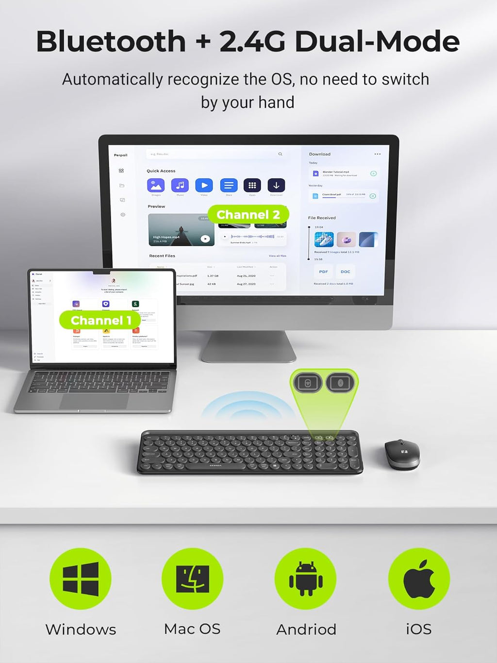 seenda Bluetooth Keyboard and Mouse for iPad, Multi-Device Bluetooth + 2.4G Wireless Keyboard Mouse with Tablet Holder for MacBook/Windows Computer, iOS/Andriod Tablet Phone, Black