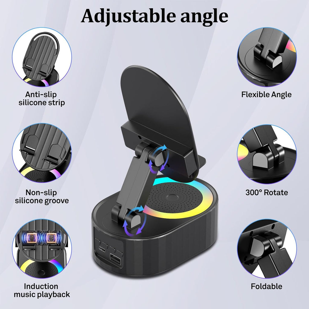 Wireless Induction Audio Bluetooth Speaker 5in1 Phone Holder Emergency Rechargeable (3000mAh) with Colorful Ambient Light 300° Foldable for Tablet iPhone Android, Gifts for Men Women (Black)