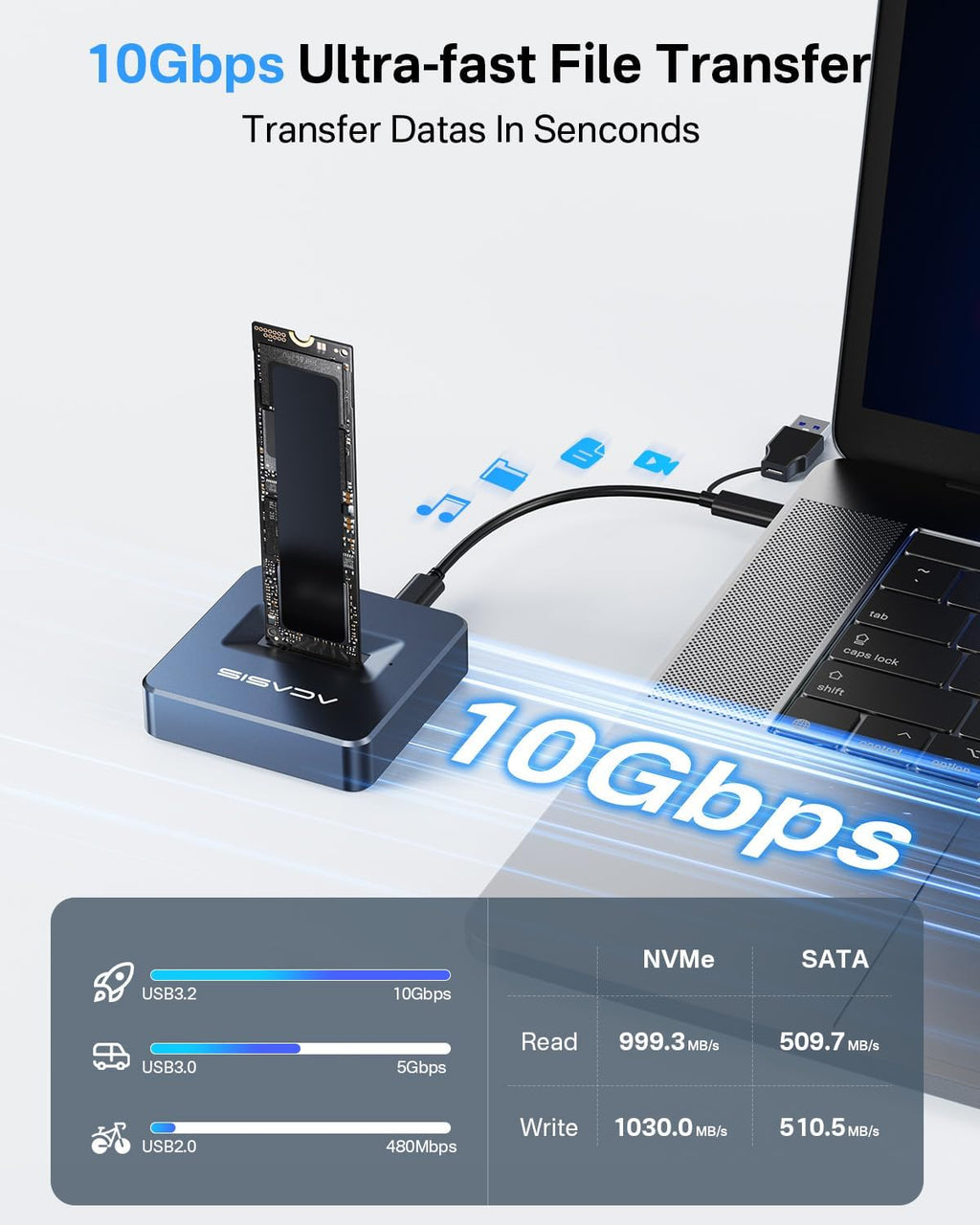 ACASIS NVME SSD Reader Adapter, Aluminium Alloy Housing Fast Heat Dissipation, NVME to USB Docking Station, M.2 SSD to USB Adapter 10Gbps, Support M.2 (M Key) NVMe SSD and (B+M Key) SATA-Based SSD