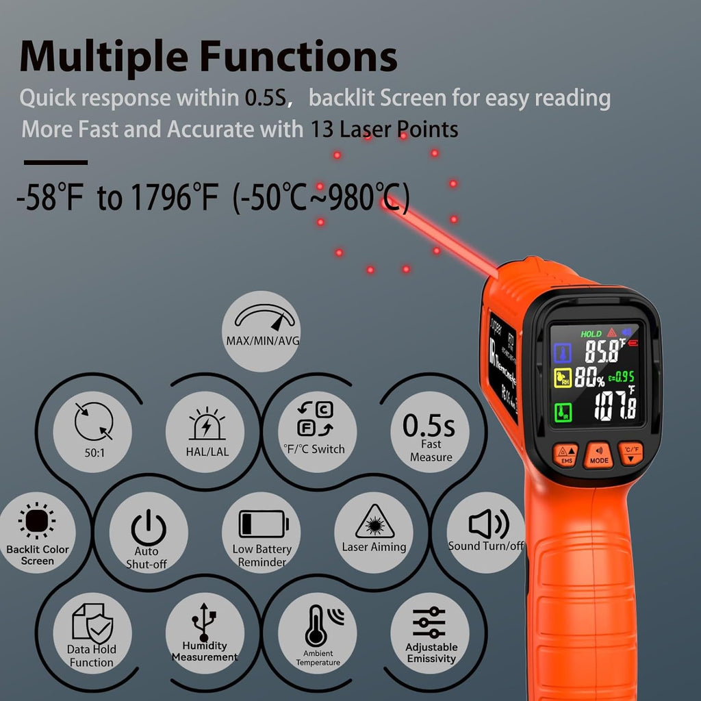 Infrared Temperature Gun -58°F to 1796°F, Dual-Mode Thermometer Gun with K-Type Thermocouple(-58°F to 572°F), Laser Temp Guns for Reptiles, Cooking, Griddle, Oven, 16:1 Home Handheld Thermometer