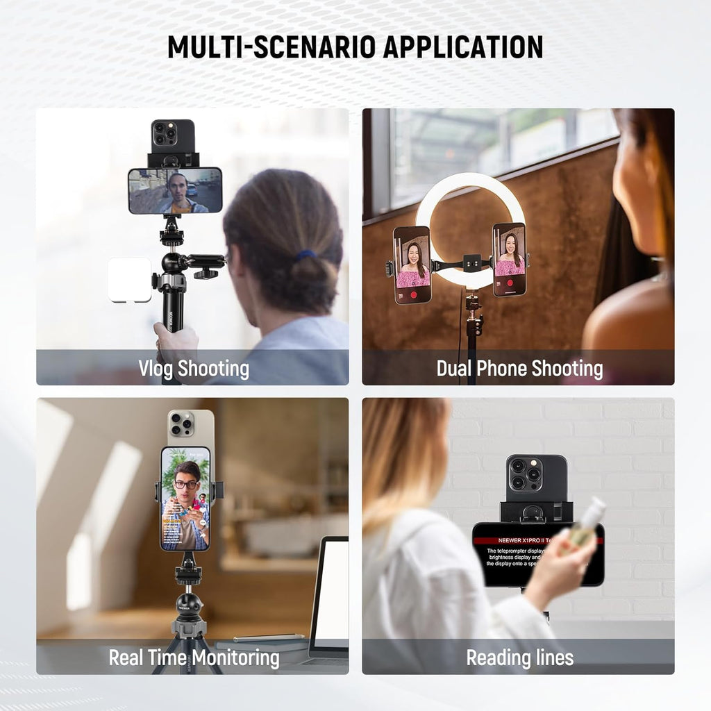NEEWER Metal Phone Tripod Mount Adapter with Arca QR Base, 360° Rotatable Dual Cell Phone Clip Clamp Holder with 4 Cold Shoes Compatible with iPhone Samsung for Vlog Live Stream Video Recording, SP-08