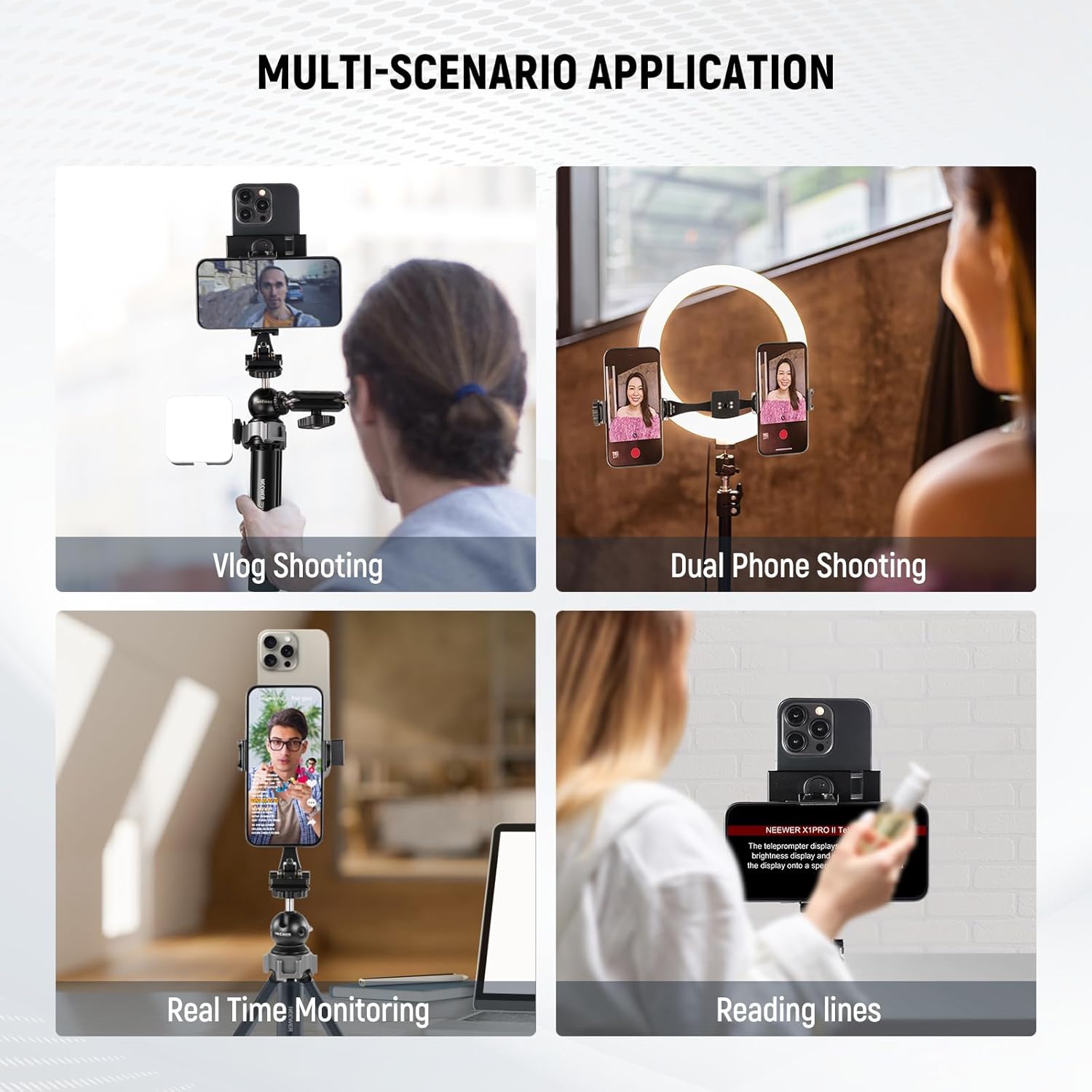 NEEWER Metal Phone Tripod Mount Adapter with Arca QR Base, 360° Rotatable Dual Cell Phone Clip Clamp Holder with 4 Cold Shoes Compatible with iPhone Samsung for Vlog Live Stream Video Recording, SP-08