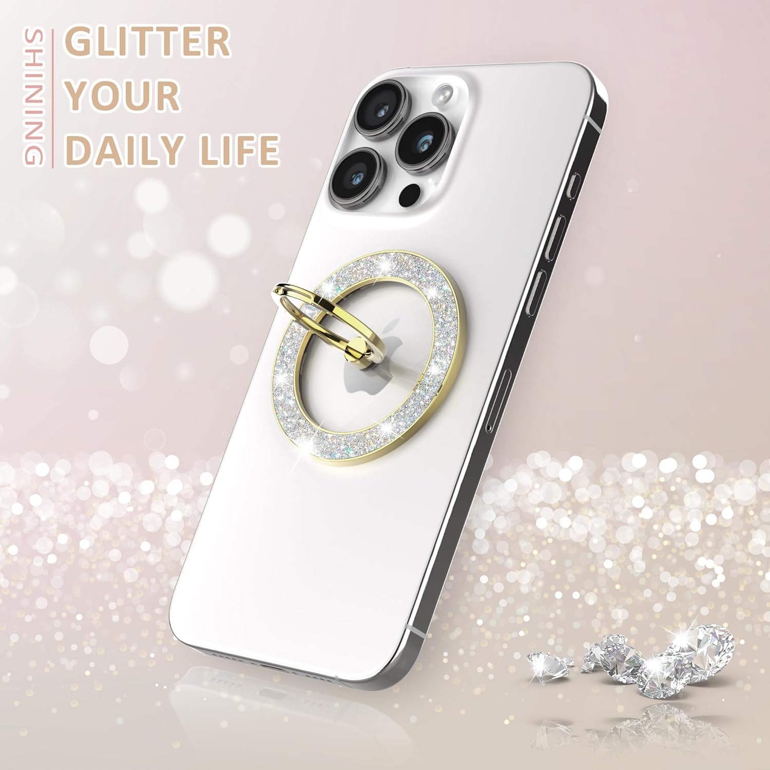 Magnetic Phone Ring Holder for MagSafe, Magnetic Phone Grip for iPhone, Compatible with iPhone MagSafe Wireless Charging. (Glitter Gold)