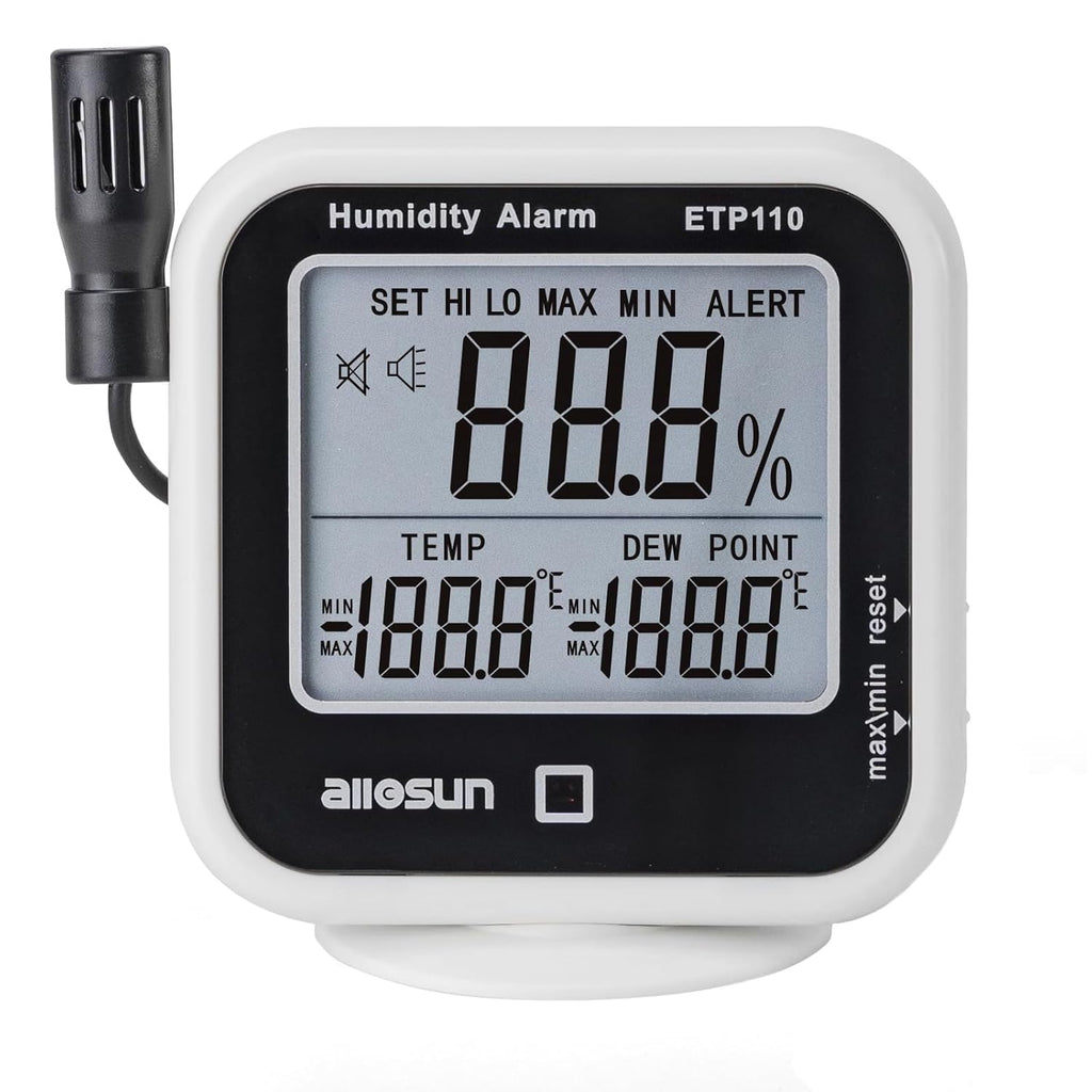 ALLOSUN Digital Thermometer Hygrometer Indoor Humidity Greenhouse Temperature Monitor Alarm Long Probe Gauge Dew-Point Meter with LCD Display