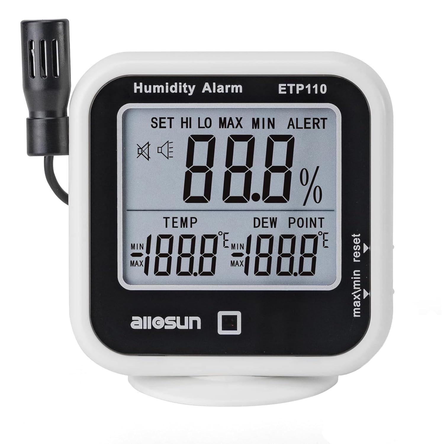 ALLOSUN Digital Thermometer Hygrometer Indoor Humidity Greenhouse Temperature Monitor Alarm Long Probe Gauge Dew-Point Meter with LCD Display