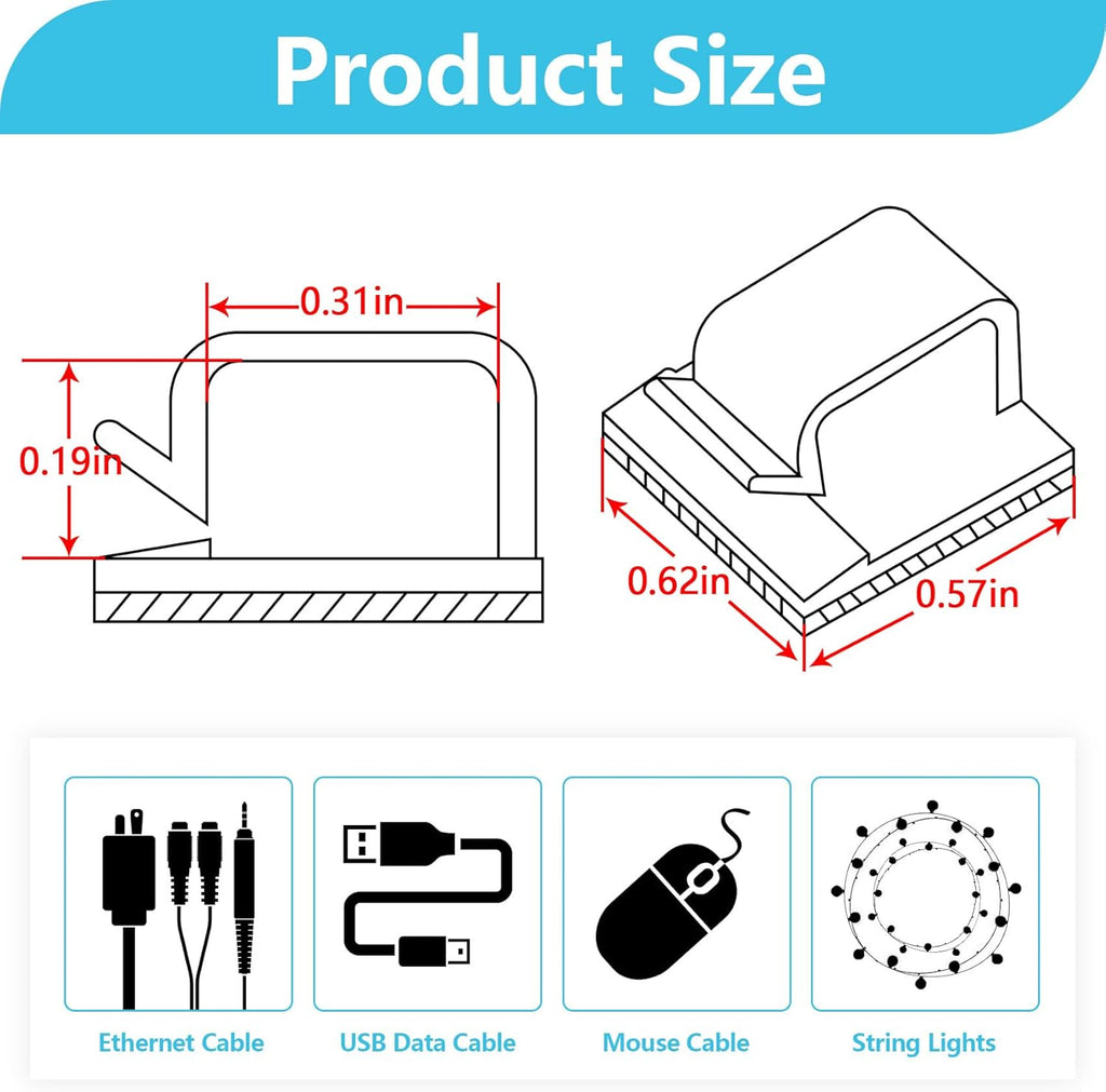 100PCS Adhesive Cable Clips, Wire Holder Organizer, Cord Management, Cable Staples, Christmas String Lights, White, Small