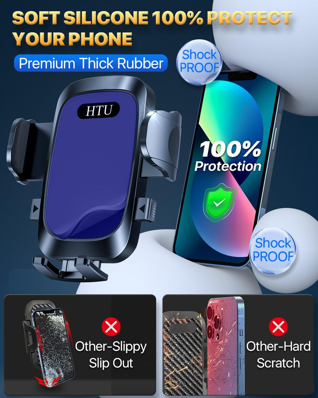 HTU Upgraded Strongest Suction Car Phone Holder Bendable Arm, Never Block View Rotatable Cellphone Mount for Dashboard Windshield Vent, Cradle Stand for iPhone 16 15 14 13 12 Pro Max (Lndigo Blue)