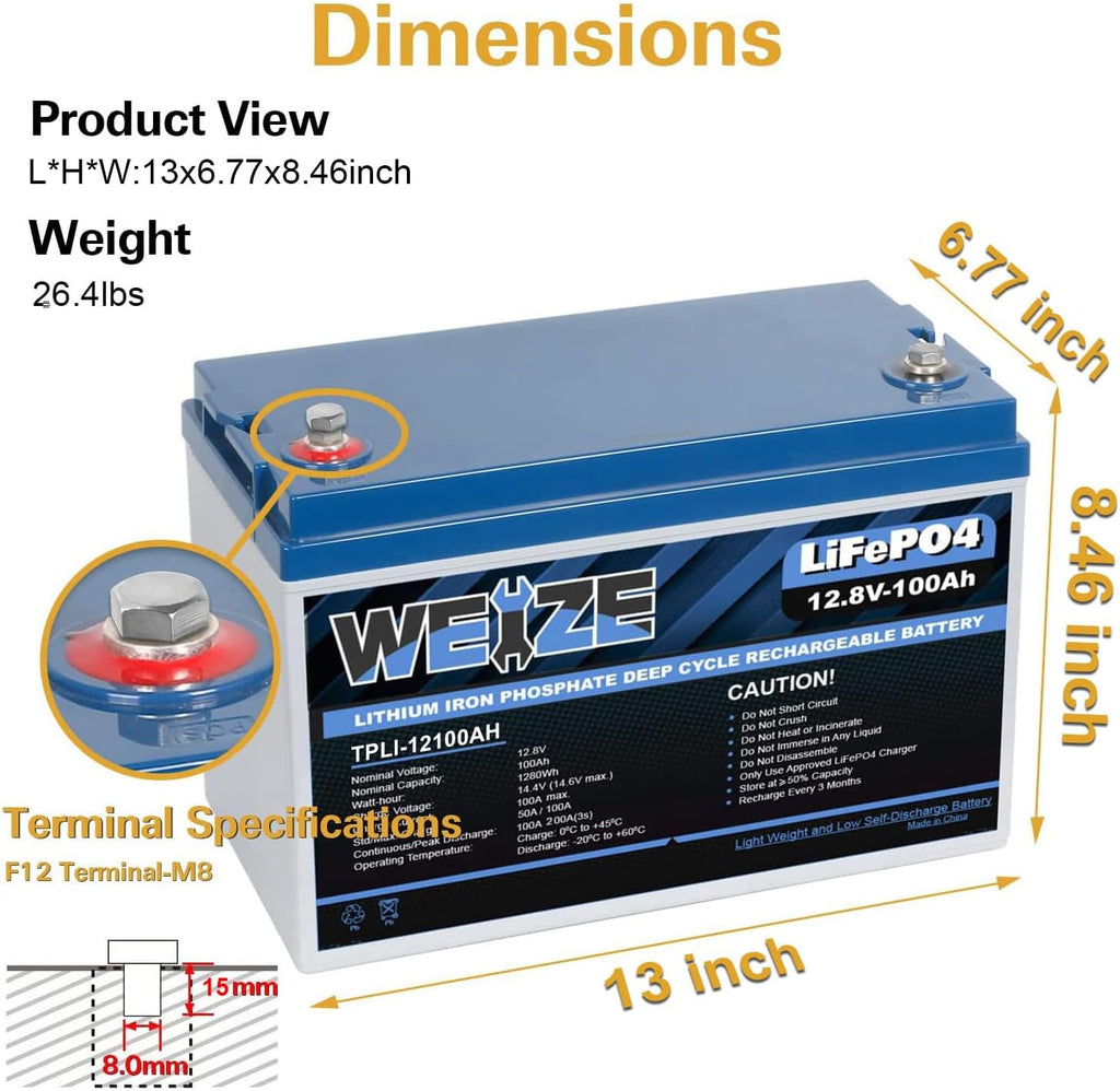 Weize 12V 100Ah TM LiFePO4 Lithium Battery, Built-in Smart BMS, Group 31 Deep Cycle Battery Perfect for Trolling Motor, RV, Solar, Marine, Overland/Van, and Off Grid Applications