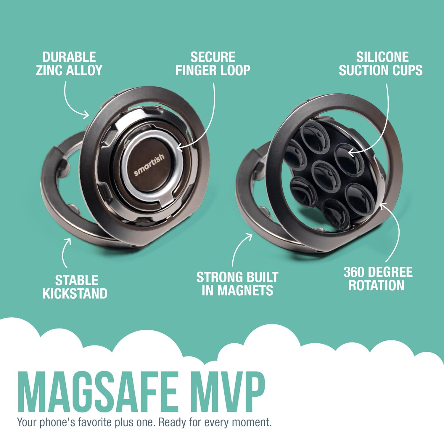 Smartish® MagSafe Suction Mount - WallFlower - 3 in 1 Reversible Magnetic Phone Grip Finger Loop, Suction Mount, Kickstand w/Universal MagSafe Adapter Kit for Apple iPhone - Black Tie Affair