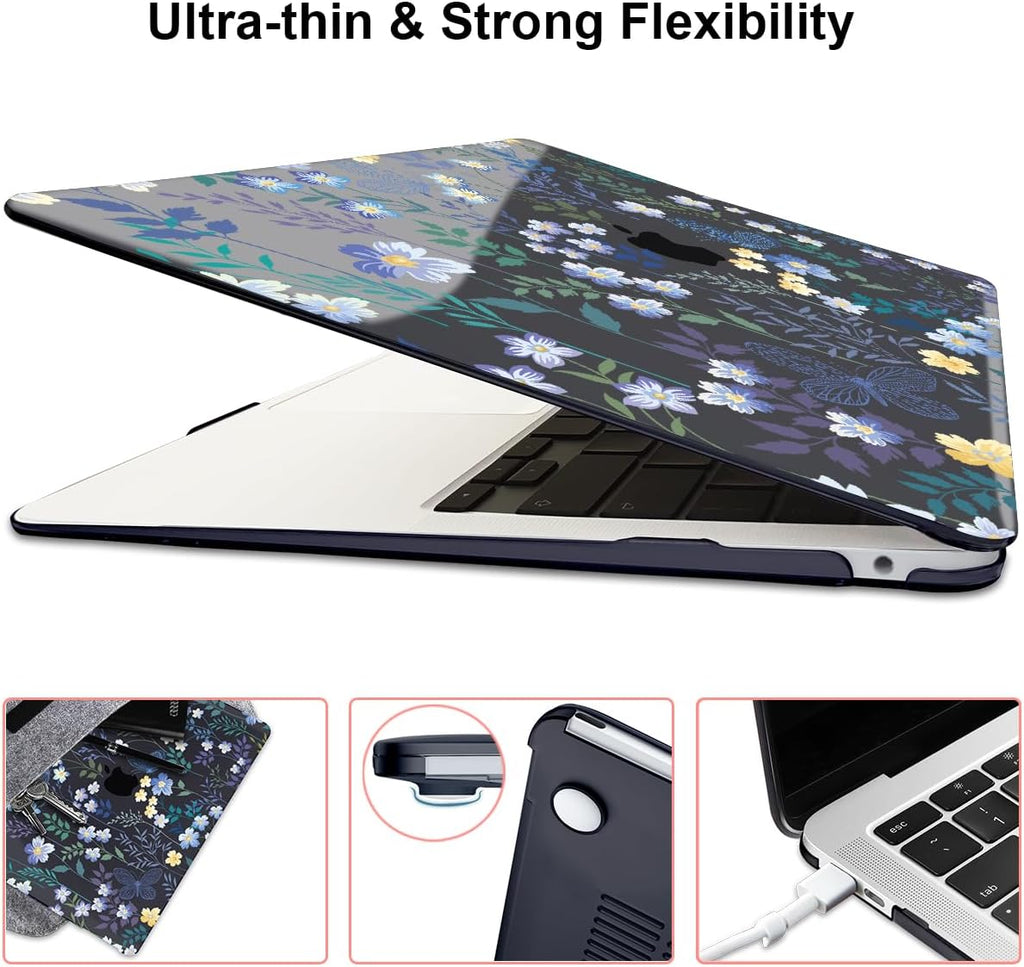 for M1 MacBook Air 13 Inch Case 2021 2020 2019 2018 Release M1 A2337 A2179 A1932 Cover with Retina Display & Touch ID, Printed Pattern Plastic Hard Shell Case, Meadow Wildflower Black