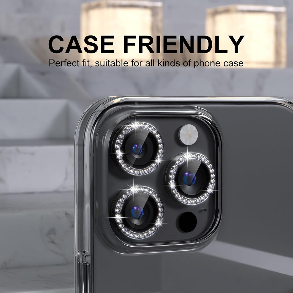 Choiche Compatible for iPhone 16 Pro/iPhone 16 Pro Max Camera Lens Protector Bling, 9H Tempered Glass Camera Cover Screen Protector Metal Ring Decoration Accessories (Diamond-Black)