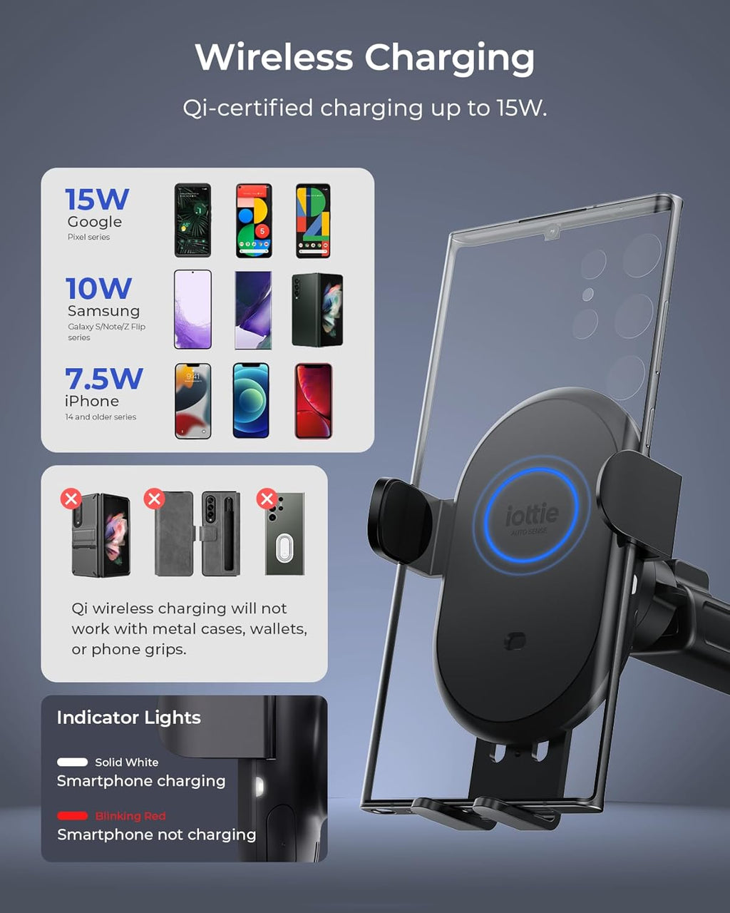 iOttie Auto Sense 2 Dash & Windshield Car Phone Holder with Qi Wireless Charging - Auto Clamping Phone Mount & Charger for Google Pixel, iPhone, Galaxy, Huawei, LG. Power Adapter Not Included.