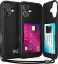 TORU CX Slim for iPhone 16 Case Wallet | Protective Shockproof Heavy Duty Cover with Hidden Card Holder & Card Slot | Mirror & Wrist Strap Included - Black