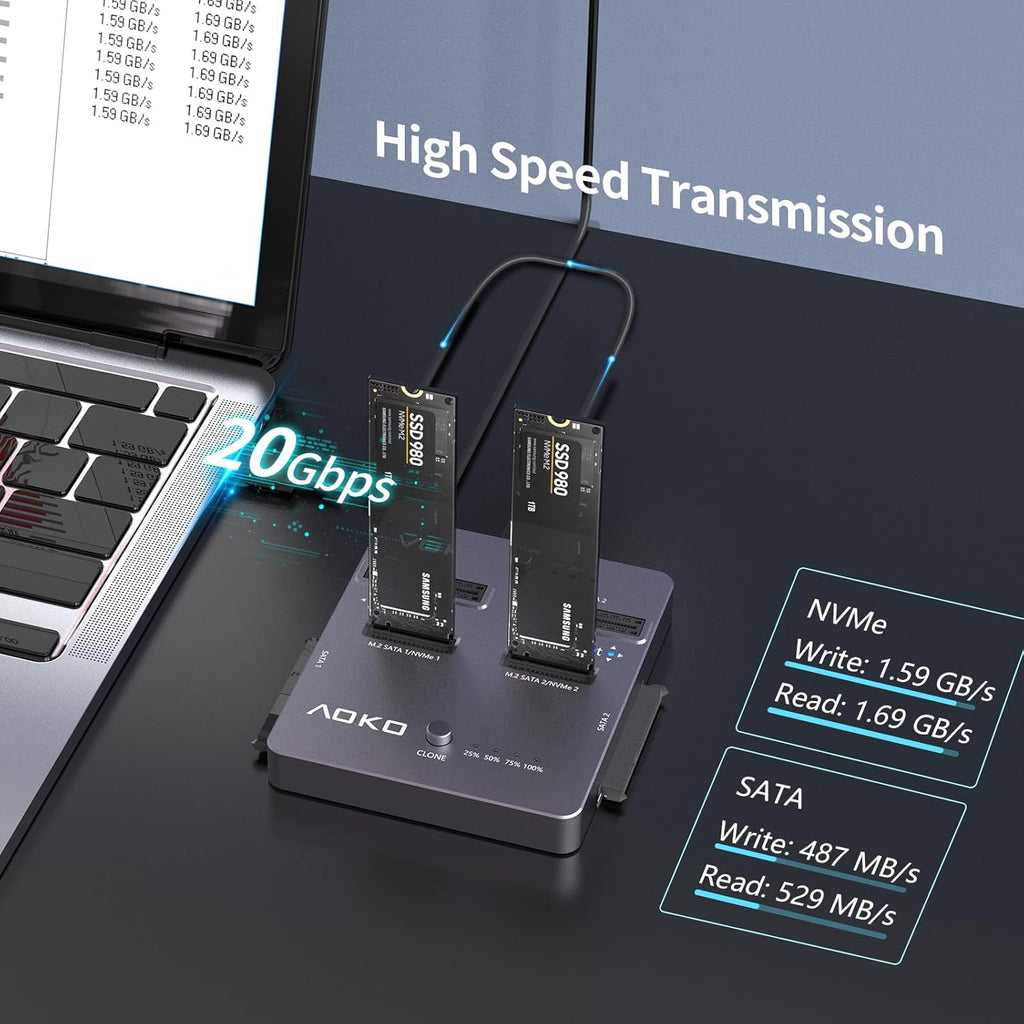 AOKO M.2 NVMe SSD Cloner, Dual-Bay 4-in-1 Hard Drive Duplicator/Reader, Supports M.2 NVMe/NGFF SATA, mSATA & SATA 2.5"/3.5" HDD,Offline Cloning Without PC