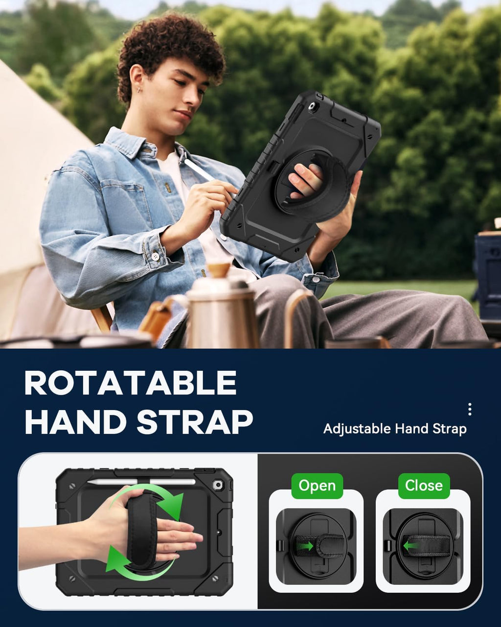 Cantis Case for iPad 9th/8th/7th Generation with Screen Protector, iPad 10.2 Case 2021/2020/2019 with 360 Degree Rotating Stand/Shoulder Strap/Pencil Holder, Black