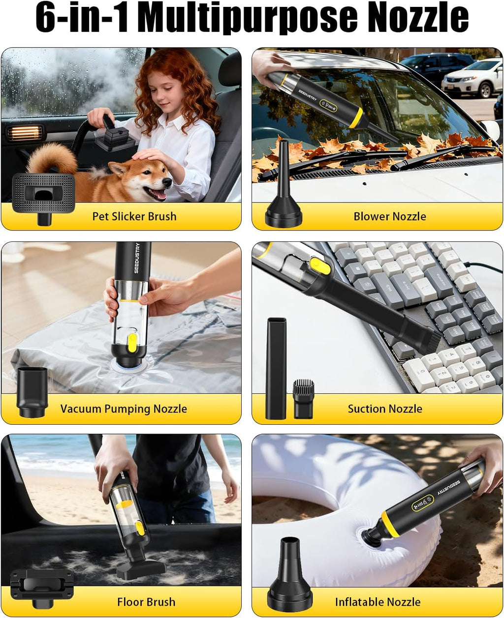 SEEDUSTRY Handheld Vacuum Cleaner Cordless, Mini Car Vacuum/Portable Pet Grooming Vacuum Cleaner, 3 Suction Modes-Up to 18000pa, 6 Blow & Suck & Deflate & Inflate Nozzles for Car, Pet, Office, Home
