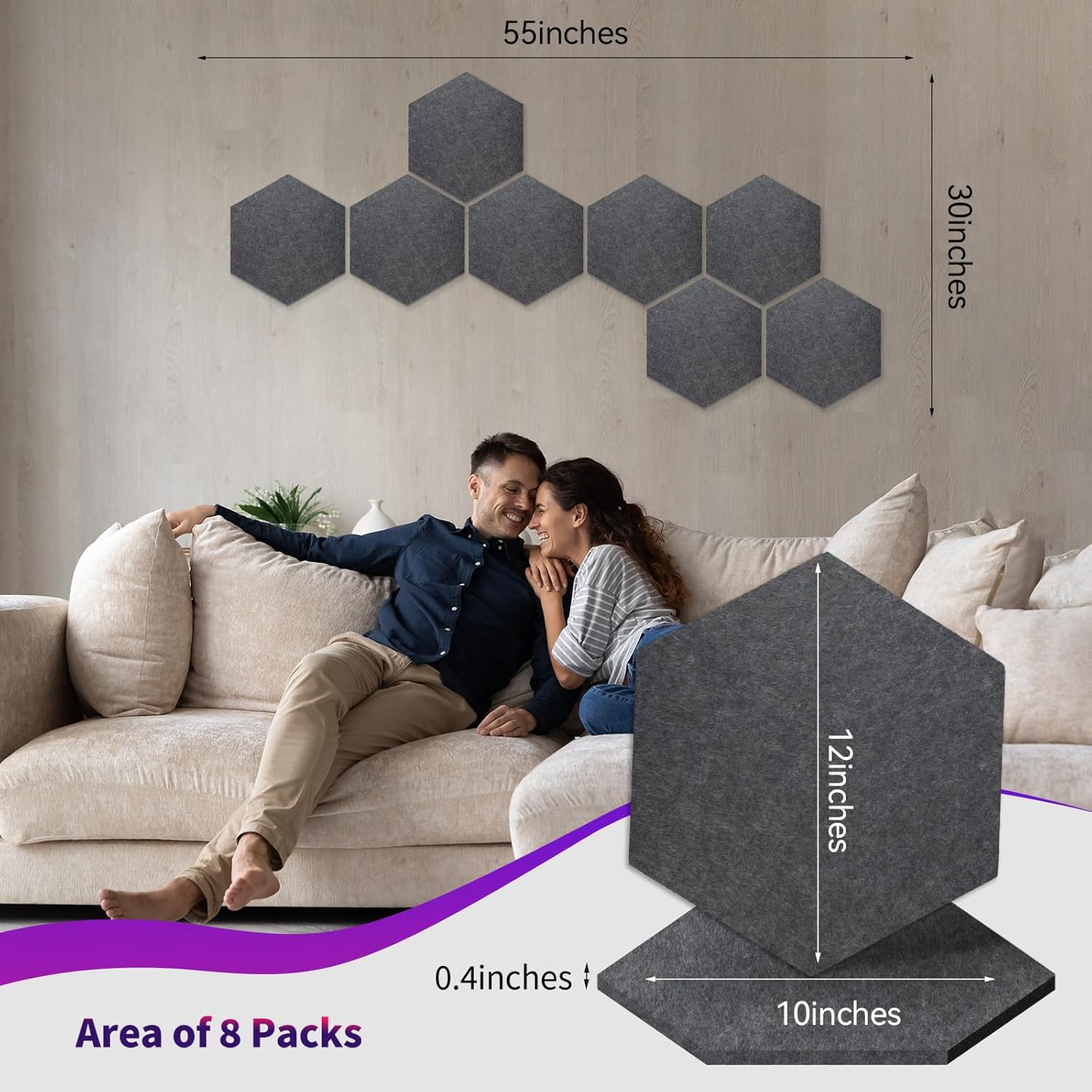 Mollywell Hexagon Acoustic Panels, High Density, Soundproofing, Decorative Noise Reduction Felt Wall Tiles for Ceilings, Home Office & Gaming Room (Moon Gary), 12x10x0.4 Inch