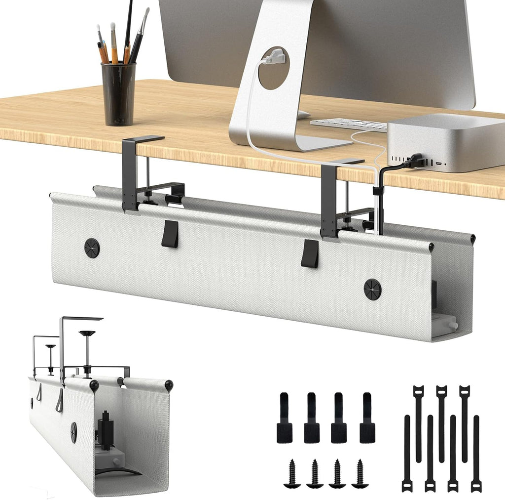 Under Desk Cable Management Tray, 30-inch No-Drill Cord Organizer with Anti-Sag Reinforced Base, Fabric Wire Management Hider for Standing Desk, Office & Gaming Accessories - Grey