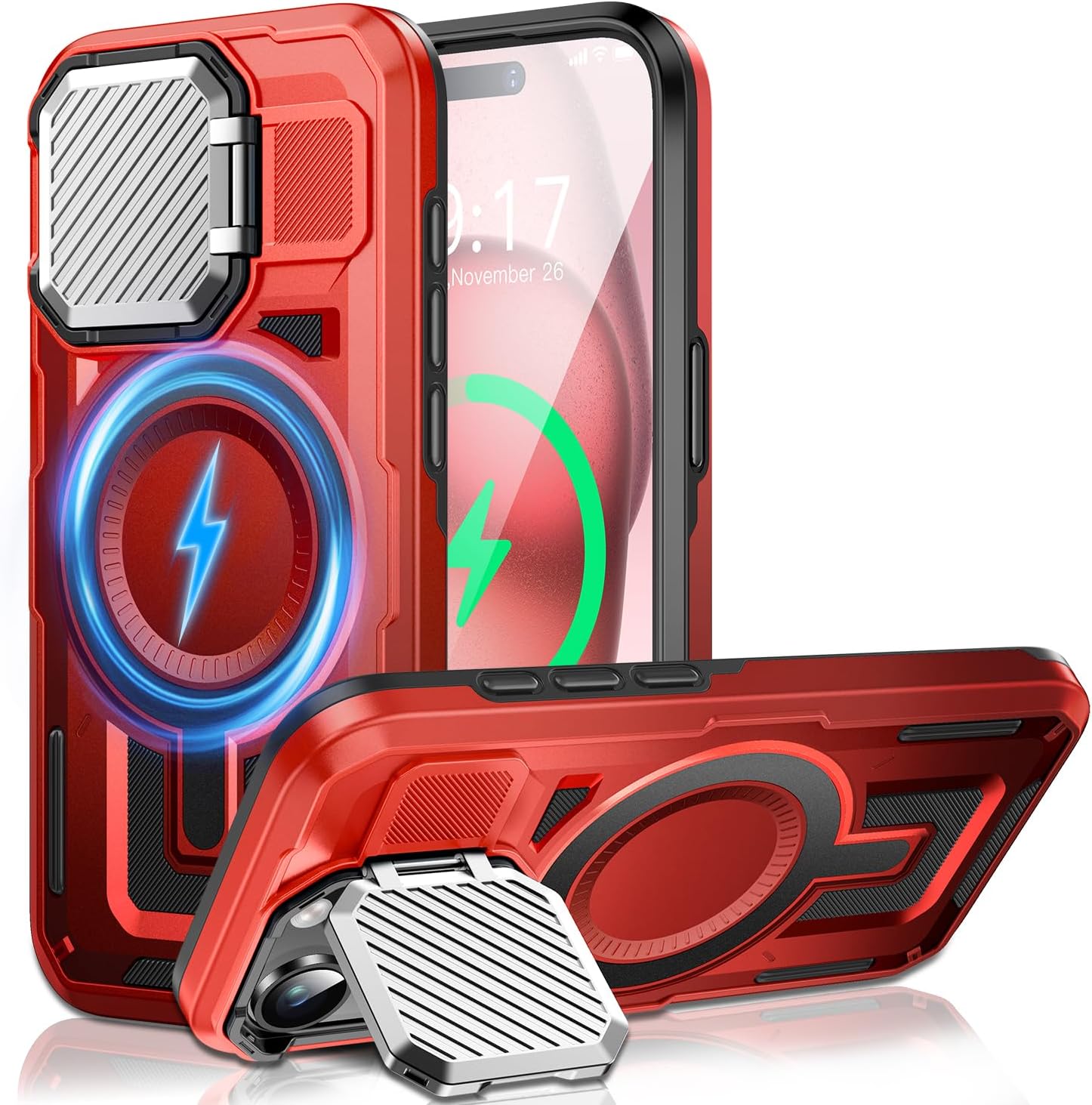 Camera Stand Case for iPhone 15, [Compatible with MagSafe] [Lens Cover] 2024 Version Military Grade Protective Soft Case for iPhone 15 6.1 inch Men Women, Red
