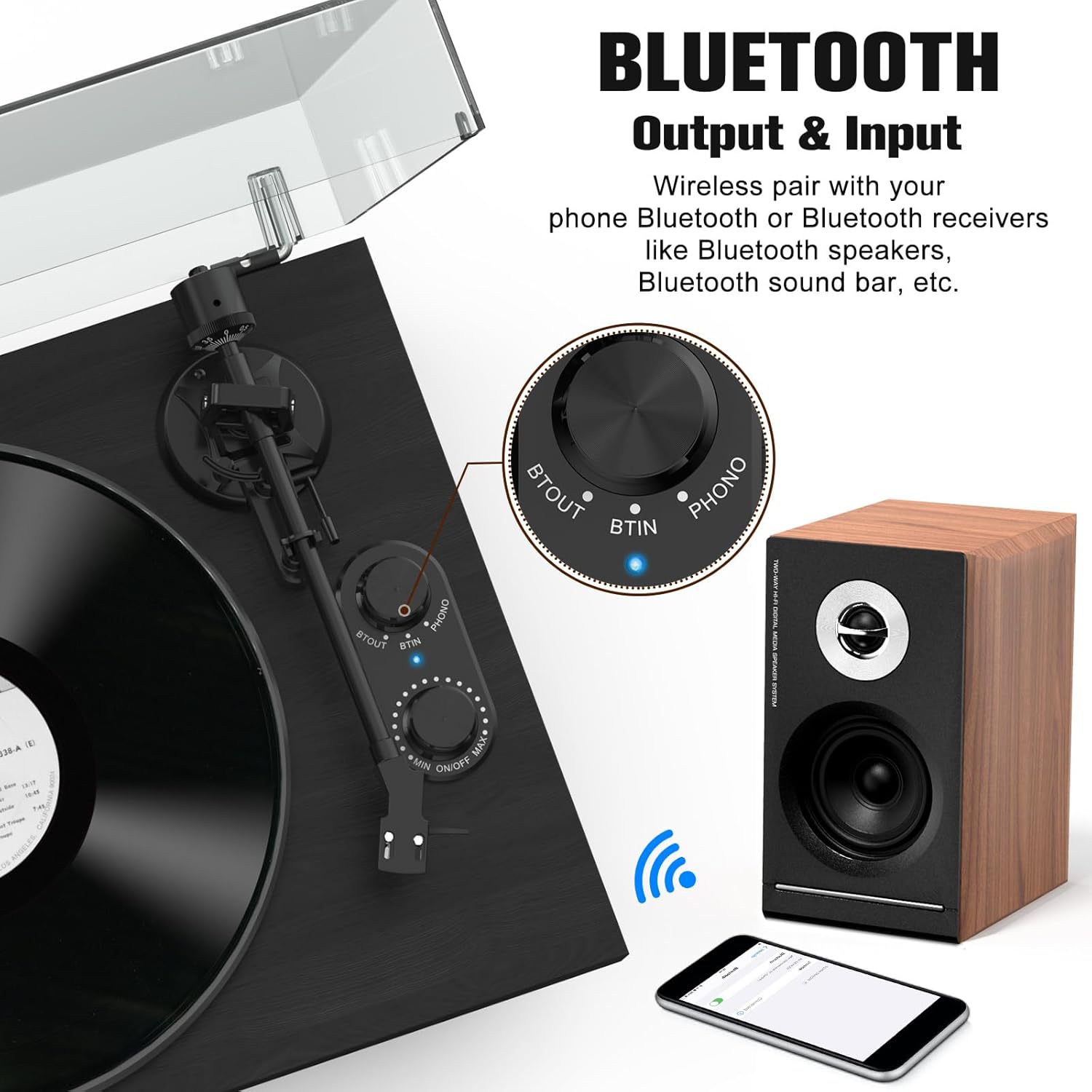 Udreamer Vinyl Record Player, Turntable with 40W Speakers, Bluetooth Input Output and USB Record, Vintage LP Player with AT-3600L Cartridge, Built-in Phono Preamp, Counterweight and Pitch, Black
