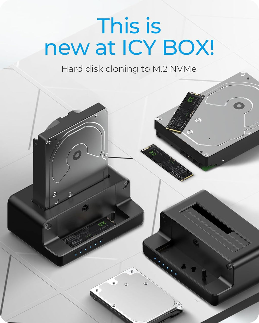 M.2 NVMe & SATA SSD/HDD Hard Drive Docking Station, ICY BOX USB-C 10Gbps M.2 NVMe&SATA Cloner&Reader, Dual Bay Hard Drive cloner for 2.5"/3.5" SSD&HDD Hard Drives, 2 Way Offline Cloning Clone Station