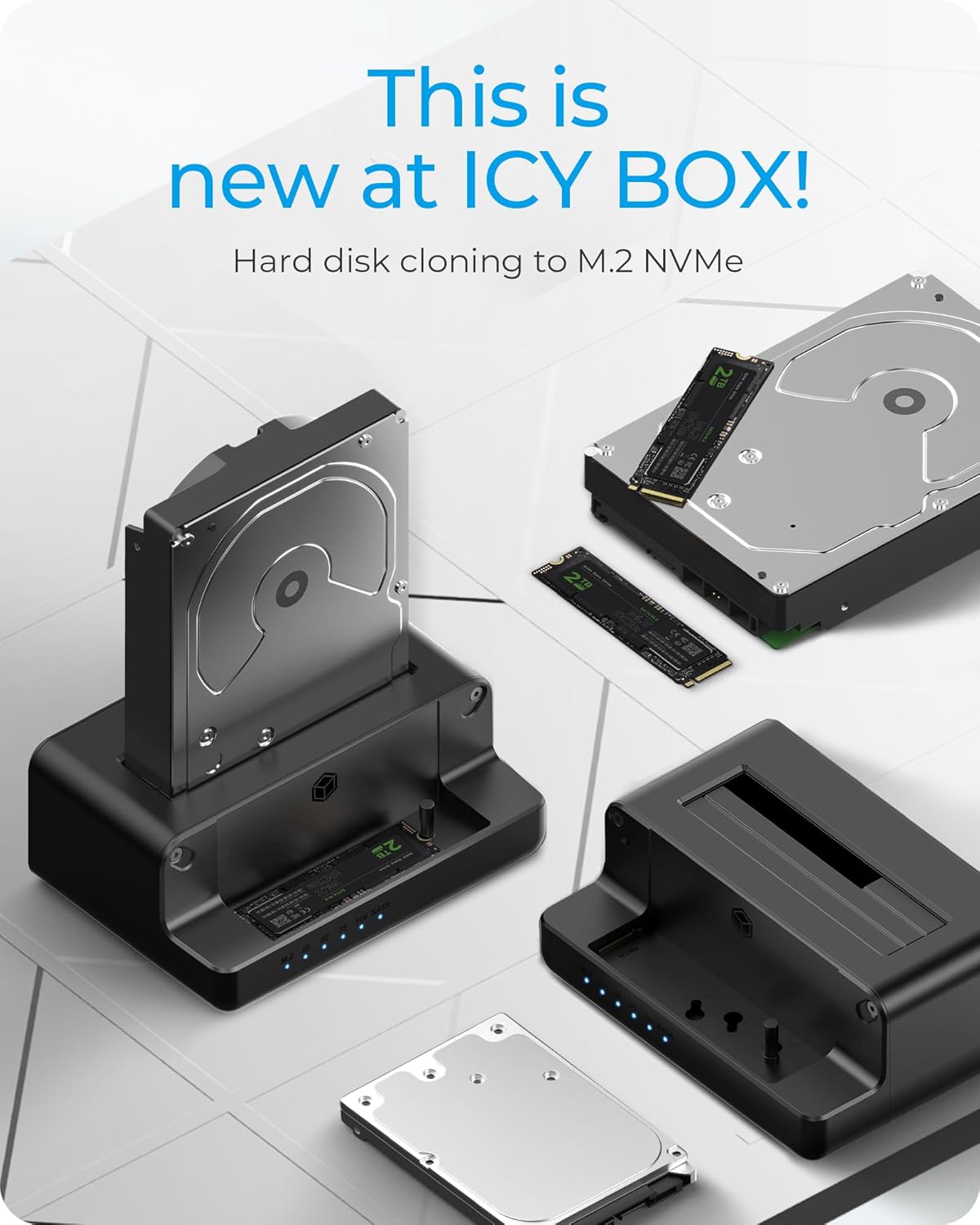 M.2 NVMe & SATA SSD/HDD Hard Drive Docking Station, ICY BOX USB-C 10Gbps M.2 NVMe&SATA Cloner&Reader, Dual Bay Hard Drive cloner for 2.5"/3.5" SSD&HDD Hard Drives, 2 Way Offline Cloning Clone Station