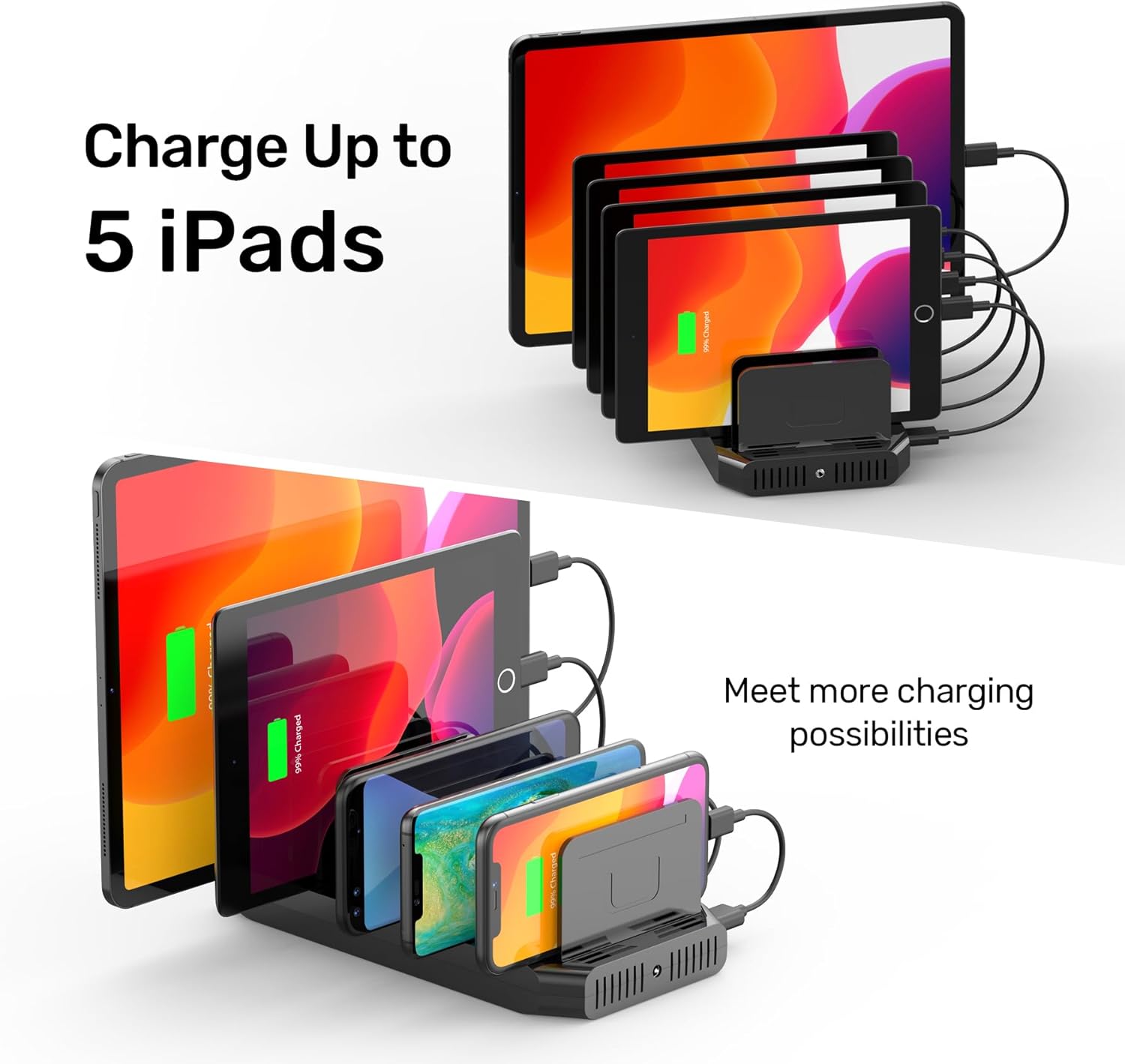 【10PCS】 Unitek Multi Charging Station, 10-Port USB Charger for Multiple Device with SmartIC Tech and Adjustable Dividers, Organizer Stand Compatible with iPad, Tablet, Kindle, iPhone - 10PCS, White