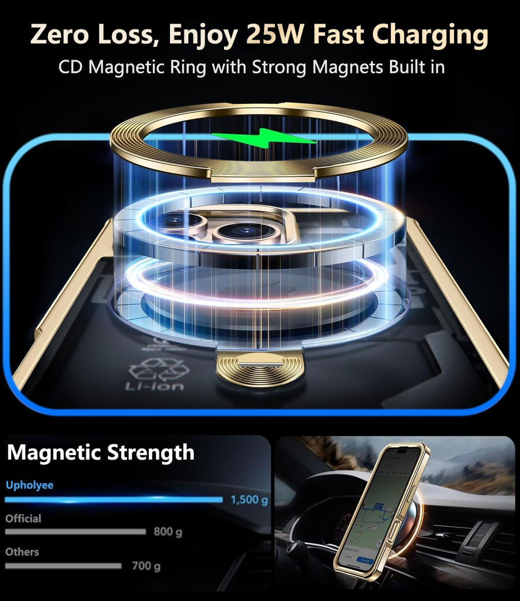 [360° Rotatable CD Stand & Built-in Privacy Screen Magnetic Case for iPhone 16 Pro [Compatible with MagSafe & Full Signal] Mil-Grade Shockproof Full Body Anti-Spy Cover for 16 Pro-Gold