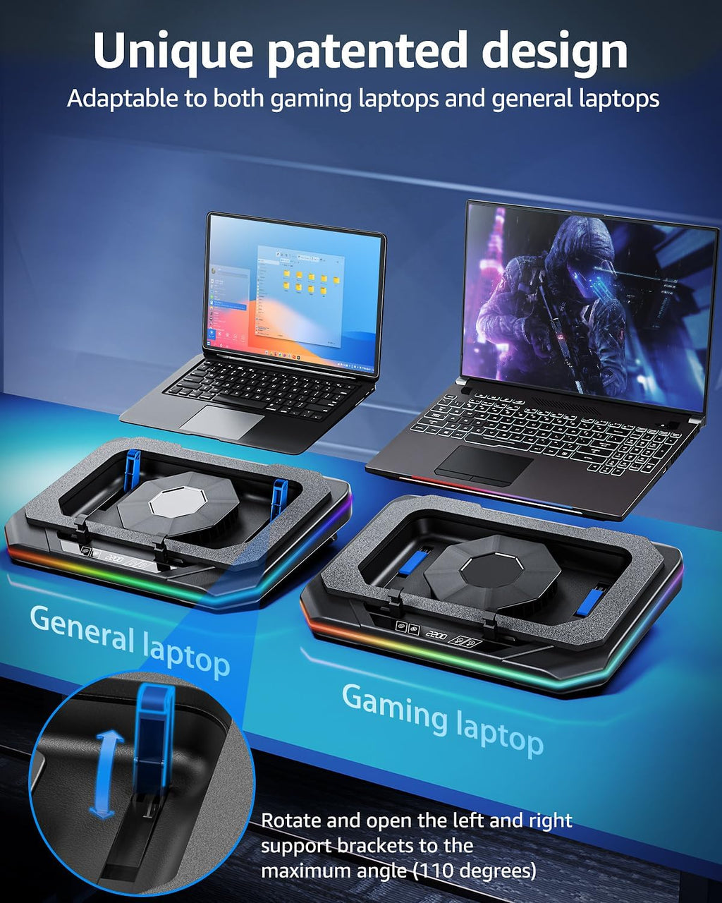 MOUNTUP RGB Laptop Cooling Pad for 13-19 Inch, Max 3500RPM Gaming Laptop Cooler, Cooling Pad Stand with Touch Switch to Control Speed, Laptop Fan Cooling Pad with Powerful 4.72 Inch Turbo Fan