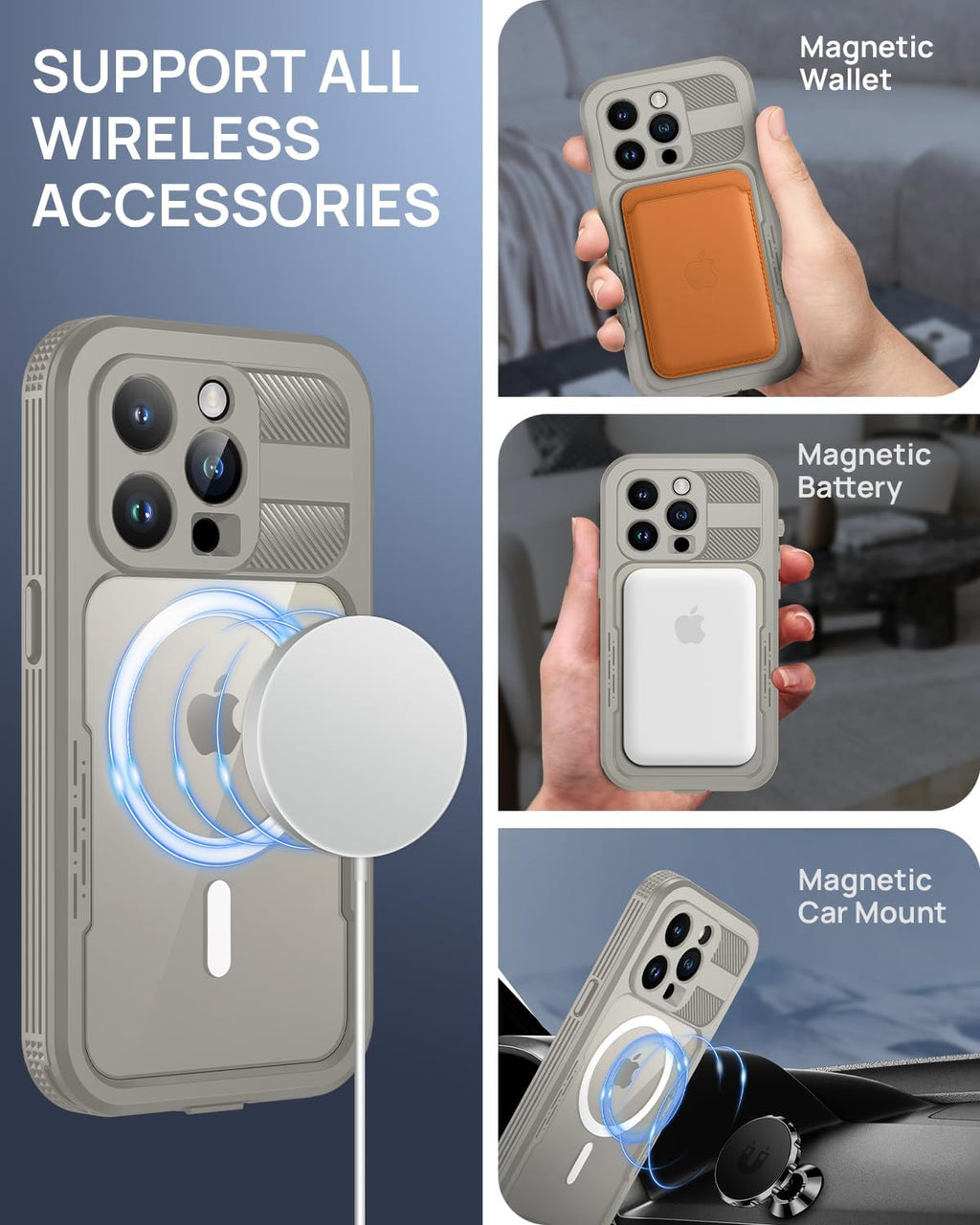 Lanhiem Magnetic for iPhone 15 Pro Case, IP68 Waterproof Dustproof Case, [Compatible with Magsafe] [Built-in Screen Protector] Full Body Heavy Duty Rugged Phone Cover 6.1 inch, Natural