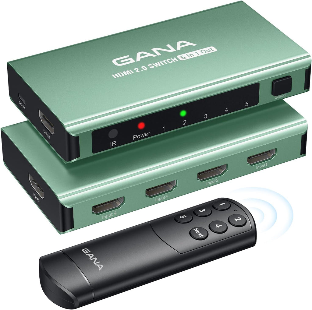 HDMI Switch 5 in 1 Out 4K@60Hz, GANA HDMI Splitter Switcher with Remote, Aluminum HDMI 2.0 Switch Box Hub for 3D, HDCP2.2, HDR, Compatible with Xbox, PS5/4/3,Fire Stick,Roku,Blu-Ray Player, Mint Green