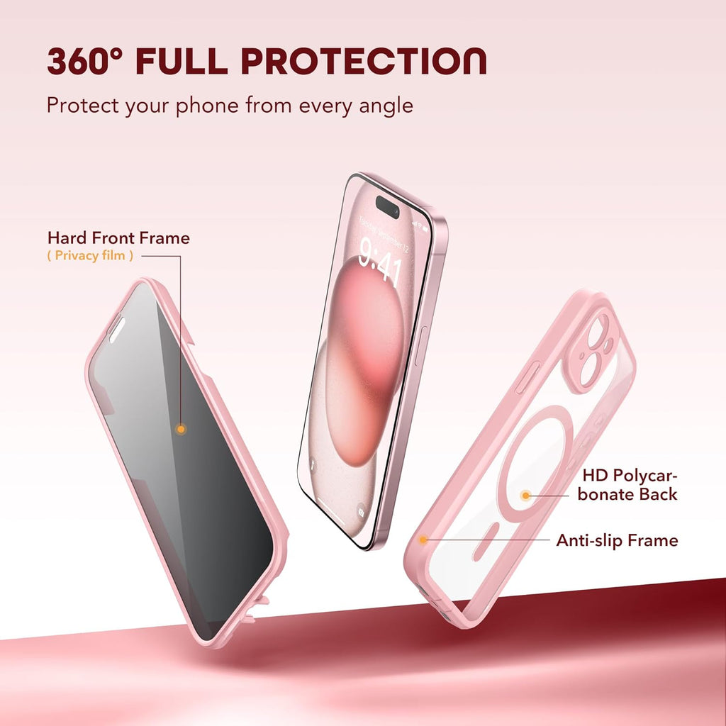 Magnetic for iPhone 15 Case, Compatible with MagSafe, Built-in Privacy Screen Protector and Camera Protection, Anti Spy Full Body Dustproof Shockproof Hard Phone Case 6.1", Pink