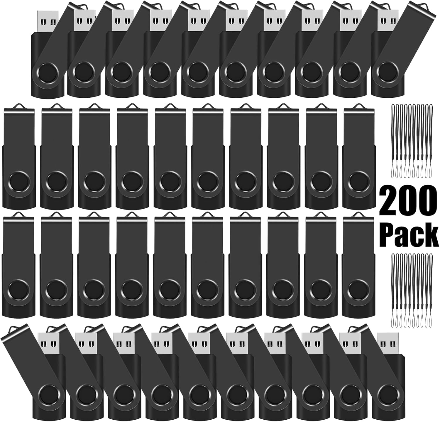 EASTBULL USB Flash Drive Bulk 2GB 200 Pack with Lanyards USB 2.0 Thumb Drive Bulk Memory Stick Swivel Pen Drive for Storage and Backup 2GB 200 Pack, Black